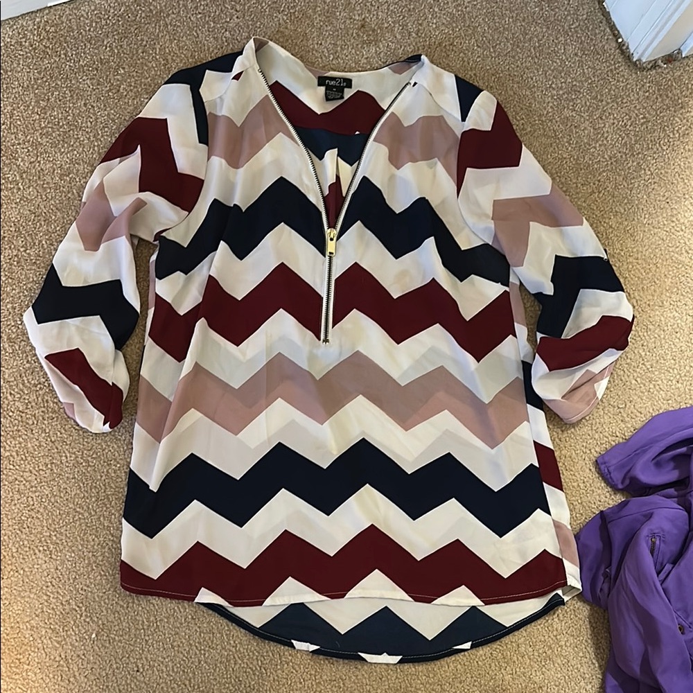 Rue21 Red Graphic Blouse with Mandarin Collar